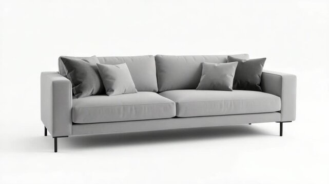 Minimalist grey sofa with soft cushions and slender legs. Clean white background enhances modern design appeal. Sofa features balanced proportions and neutral tones