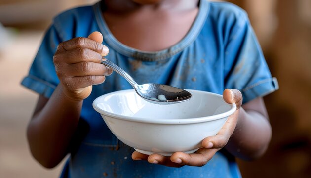 Close-up of a young child in a blue shirt holding an empty white ceramic bowl and a metal spoon, highlighting global hunger, food insecurity, childhood poverty, and social welfare issues