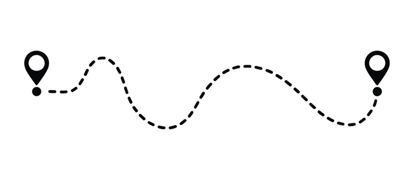 Map Route Icon, location pins navigation symbol, dotted travel path journey graphic element, route tracking and direction marker design, gps wayfinding illustration set.