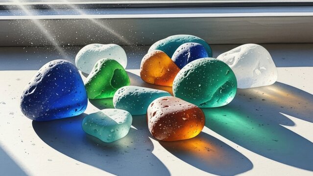Shiny wet chunks of green blue and amber sea glass.