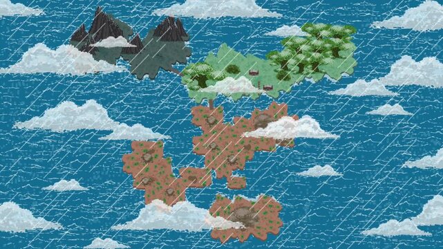 Pixel art animation of a medieval fast travel map with rain over the sea with trees and mountains, clouds, vintage, pixel.