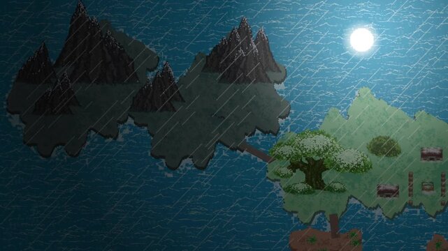 Pixel art animation of a medieval fast travel map with rain over the sea with trees and mountains, moon, night, art, vintage, pixel.