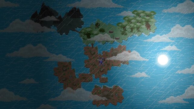 Pixel art animation of a medieval fast travel map with rain over the sea with trees and mountains, moon, night, clouds, art, vintage, pixel.