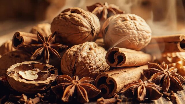 Aromatic baking spices and nuts arrangement featuring cinnamon sticks star anise and walnuts for culinary use
