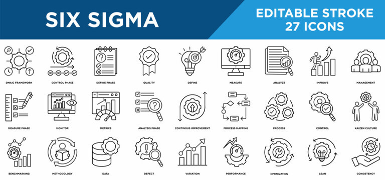 Six sigma line icons set with dmaic framework, control phase, define phase, quality, define, measure, and analyze concepts. Editable stroke vector collection.