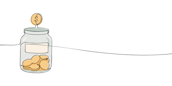 Glass savings jar filled with coins and a dollar coin above the lid illustrated in continuous one line drawing style. Personal savings, financial planning and money accumulation concept.