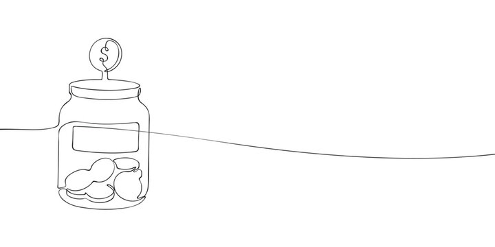 Glass jar with stacked coins and dollar symbol coin drawn in continuous one line style on a light background. Saving money, budgeting, financial security and investment concept.