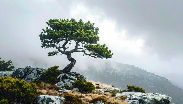 Lone twisted juniper tree growing among red rocks under blue sky