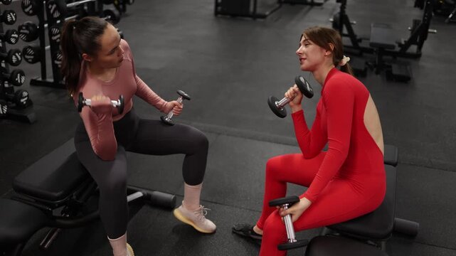 Two women perform dumbbell exercises while chatting between repetitions sharing training tips discussing progress and staying motivated during a friendly gym workout