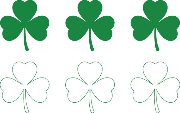 Clover leaves, vector set, green shamrock leaf symbols for lucky charm St. Patrick&rsquo;s Day decoration and nature themed design elements.