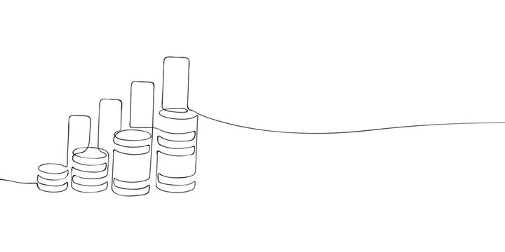 Increasing stacks of coins with ascending columns representing savings growth and investment performance. Continuous one line drawing illustration with copy space for financial themes.