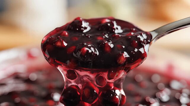 Close up of berry jam with fruit pieces on a spoon against a blurred background