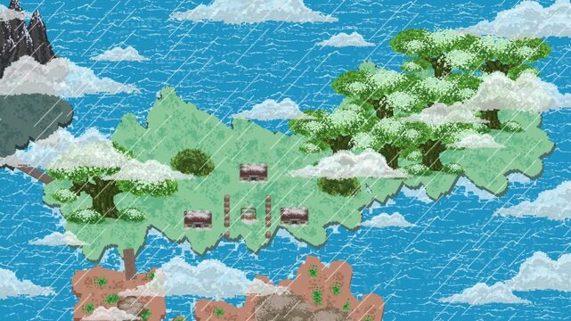 Pixel art animation of a medieval fast travel map with rain over the sea with trees, clouds, vintage.