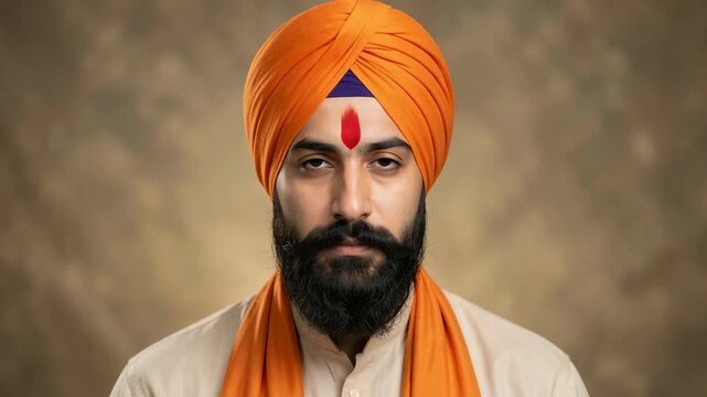 A man with a turban and beard dressed as a Sikh.
