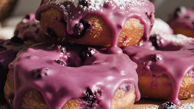 Close up stack of frosted ring donuts with blueberry glaze and fresh berries natural lighting
