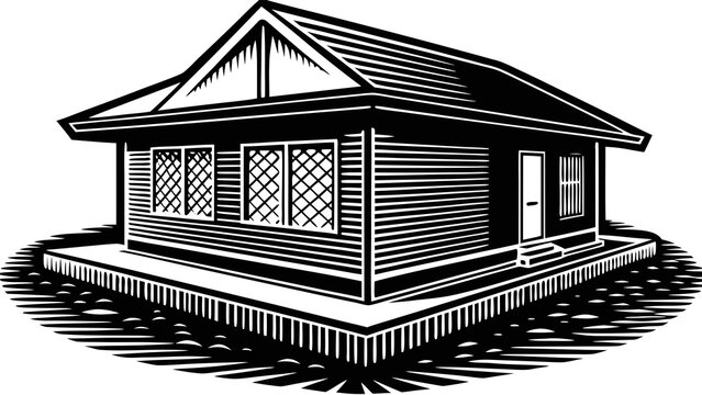 Vintage woodcut style illustration of a house on stilts surrounded by water for architectural design.
