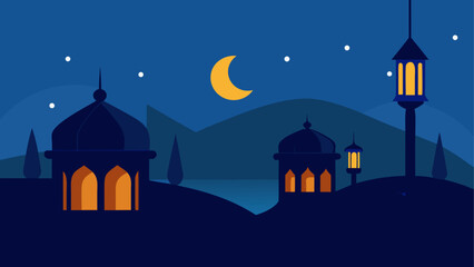 Night scene with mosque and crescent moon © sumona