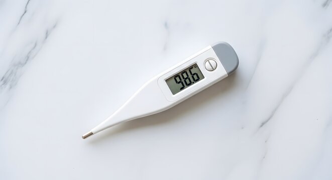 Digital Medical Thermometer On White Marble Background For Doctors Day