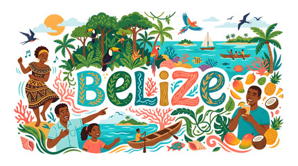 Naklejka premium Belize tropical travel vector illustration with family and ocean