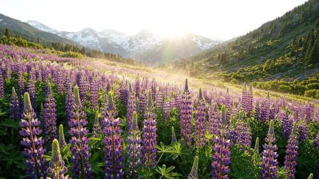 Majestic Sunset over a Field of Purple Lupine Flowers in Alpine Mountain Valley with Snowy Peaks