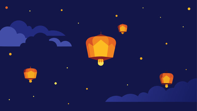 Floating lanterns in the night time sky
