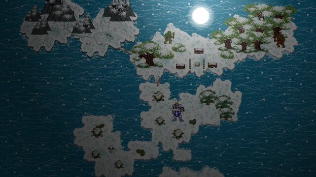 Pixel art animation of a medieval fast travel map with snow over the sea with trees and mountains, moon, night, art, pixel.