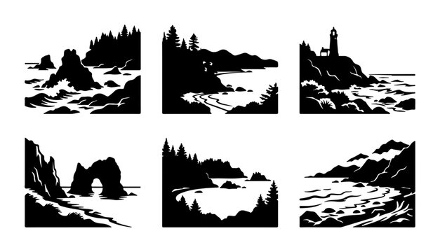 Coastal Landscape Vector Icons, Ocean Views, Rocky Shores, Lighthouse Scenes