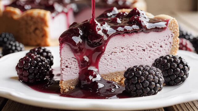 Delicious berry dessert slice with sweet glaze drizzle and fresh fruit garnish on rustic table surface