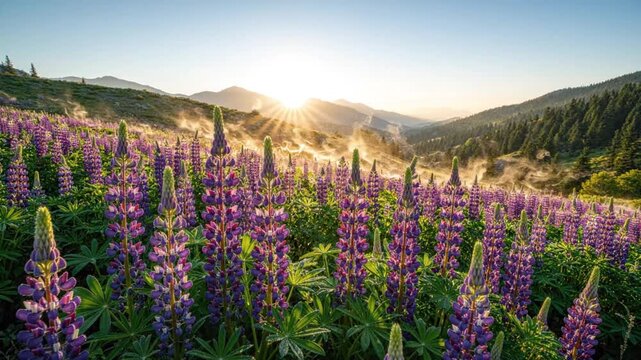 Stunning Sunrise Over Alpine Meadow with Blooming Purple Lupine Flowers and Morning Mist in Mountains