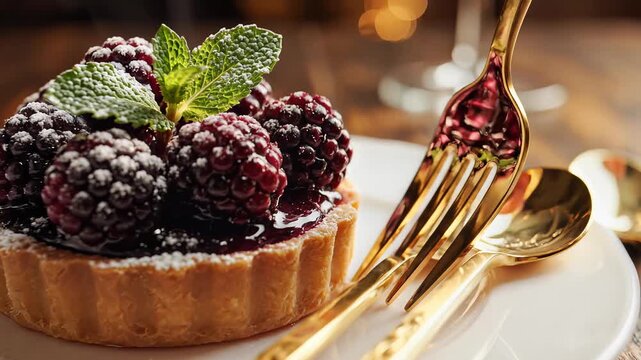 Delicious berry tart dessert garnished with mint leaf sprinkled with powdered sugar