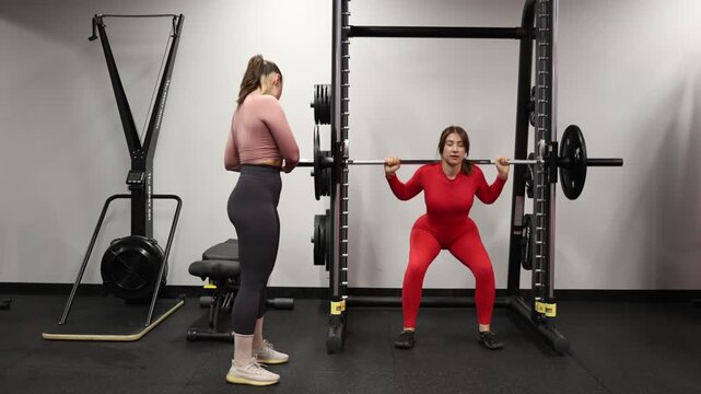 Female athlete performs barbell squats while her workout partner observes technique and provides support during a shared strength training session in the gym