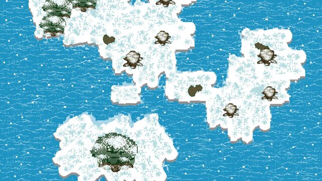 Pixel art animation of a medieval fast travel map with snow over the sea with trees, art, vintage, pixel.