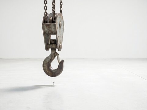 Overkill Concept: Industrial Crane Hook Lowering Toward Single Tiny Thumbtack on White Floor