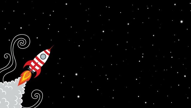 Red cartoon spaceship blasting off into dark starry cosmos leaving smoke.
