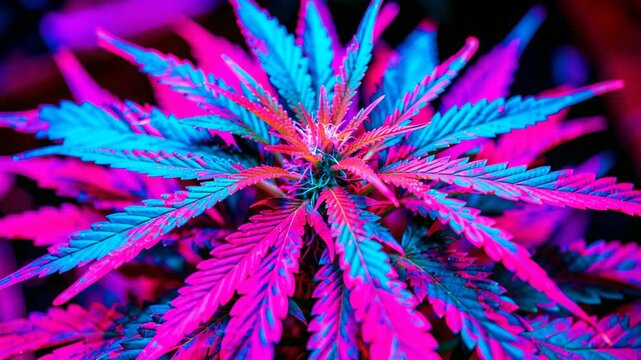 Vibrant plant under neon lighting. Sharp leaves radiate from center. Colorful hues dominate the frame. Natural texture highlighted by light. Stunning visual for artistic projects