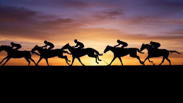Silhouette of jockeys racing horse at sunset. Competitive sport event with speed and movement. Horses galloping on racetrack during sunset, equestrian competition.
