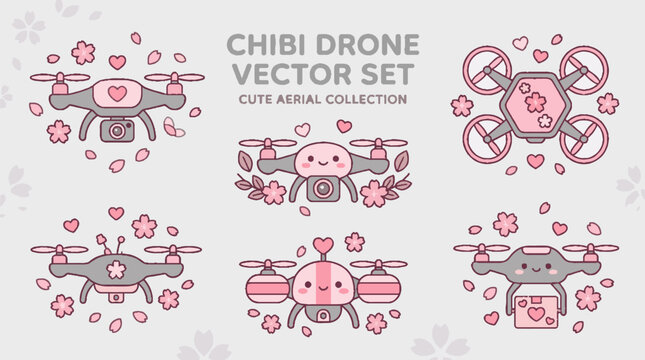 Cute chibi drone vector set with kawaii aerial quadcopter illustrations and cherry blossoms.