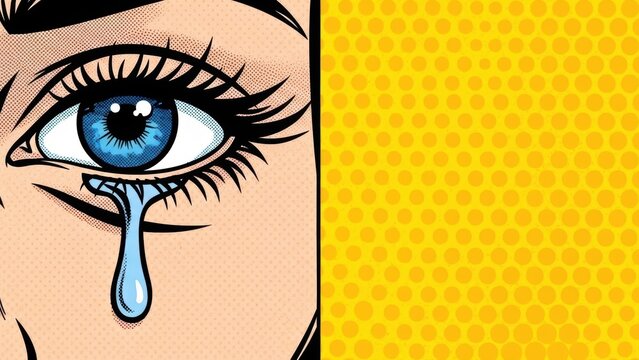 Pop art close view of sad blue female eye crying single tear.