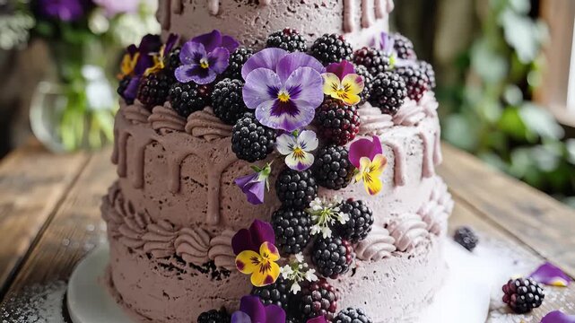 Elegant tiered cake decorated with fresh berries and edible flowers