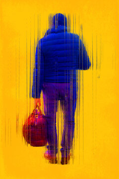 Glitch effect silhouette of a man with a bag seen from behind walking