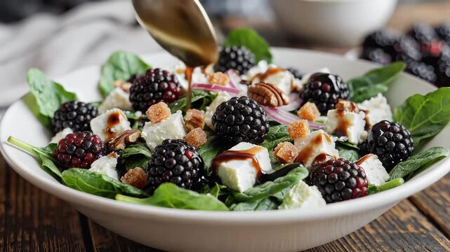 Fresh berry salad with cheese and nuts on rustic tabletop