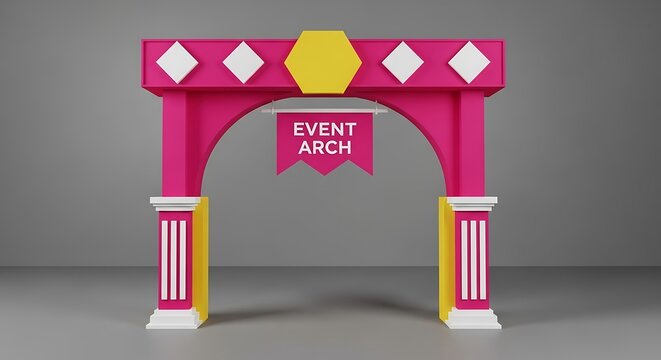 3D-rendered event arch, bright pink and yellow, with a sign. White pillars and diamonds decorate