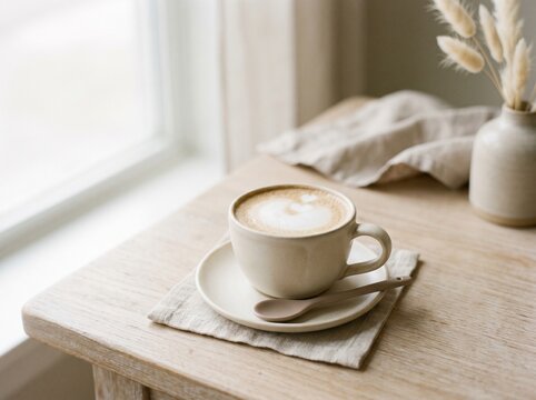 Morning coffee break with latte art on wooden table by sunny window in cozy minimalist home setting