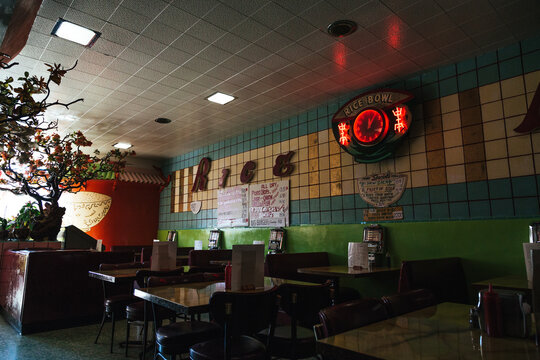 Vintage interior at the Rice Bowl, a classic Chinese restaurant established in 1947, Lompoc, California, December 2017