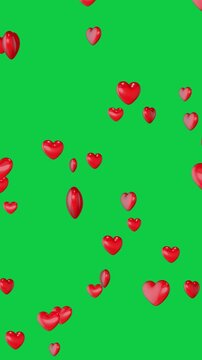 valentines day 3d hearts falling isolated on green screen background, chroma key love and romantic valentine vertical social media overlay motion design element