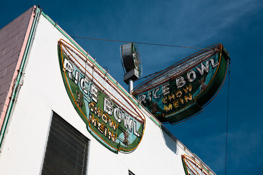 Vintage sign at the Rice Bowl, a classic Chinese restaurant established in 1947, Lompoc, California, December 2017