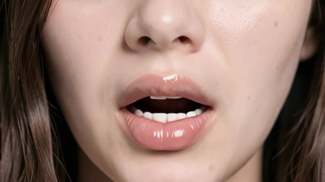 Woman's open mouth showing pink lips and light skin in the foreground.