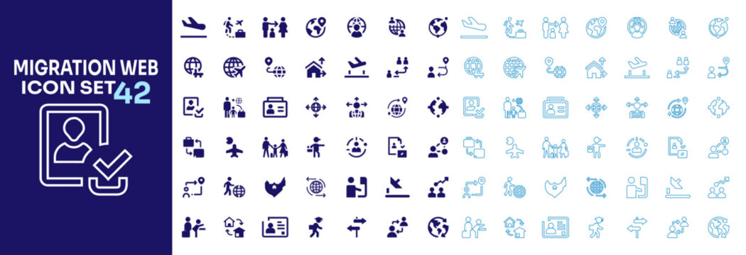Flat and outline global migration vector collection featuring refugee immigration and international travel icon set.