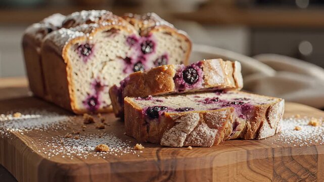 Freshly baked blueberry loaf bread sliced on a wooden board with dusted powdered sugar