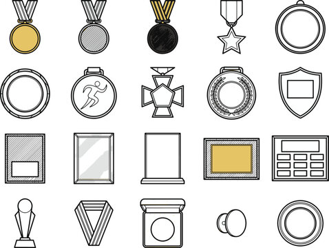 A collection of diverse awards including medals, trophies, plaques, and shields, rendered in a clean, illustrative style.